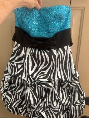 Ruby Rox Teal Sequin Strapless Bodice Zebra Tiered Mini Skirt
